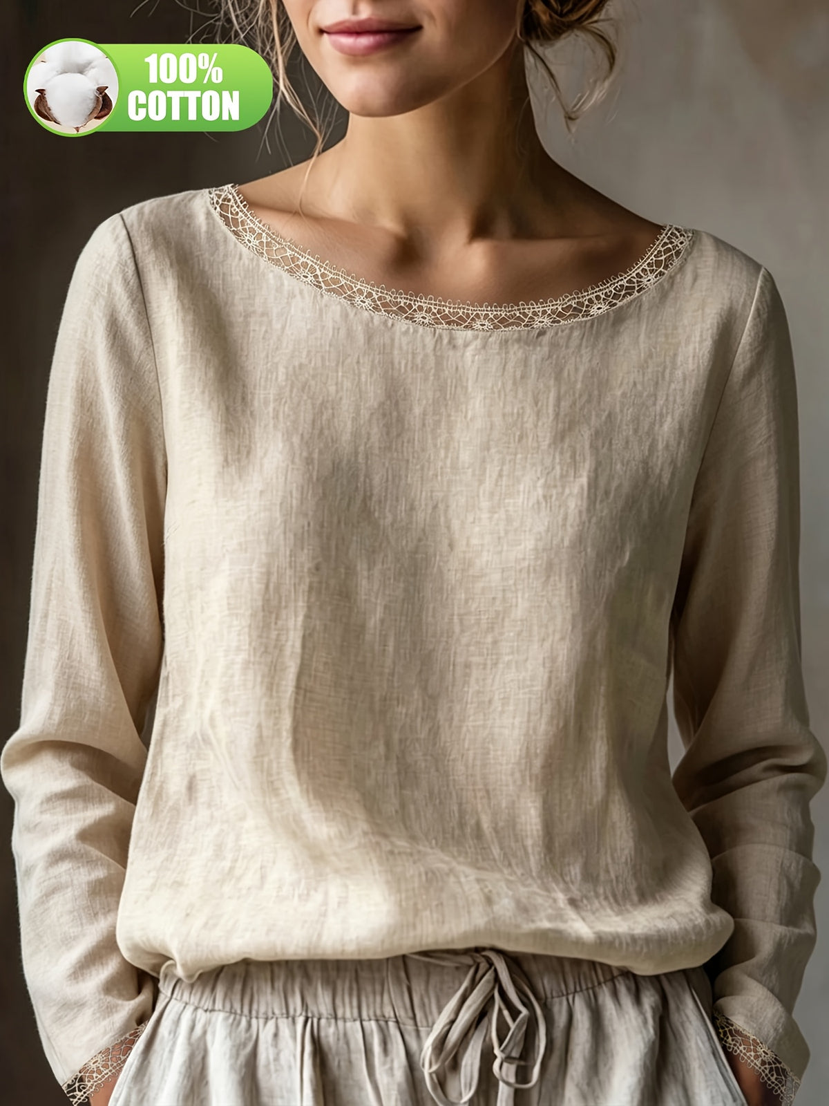 Top grande taille en dentelle, coupe ample, manches longues, toucher naturel