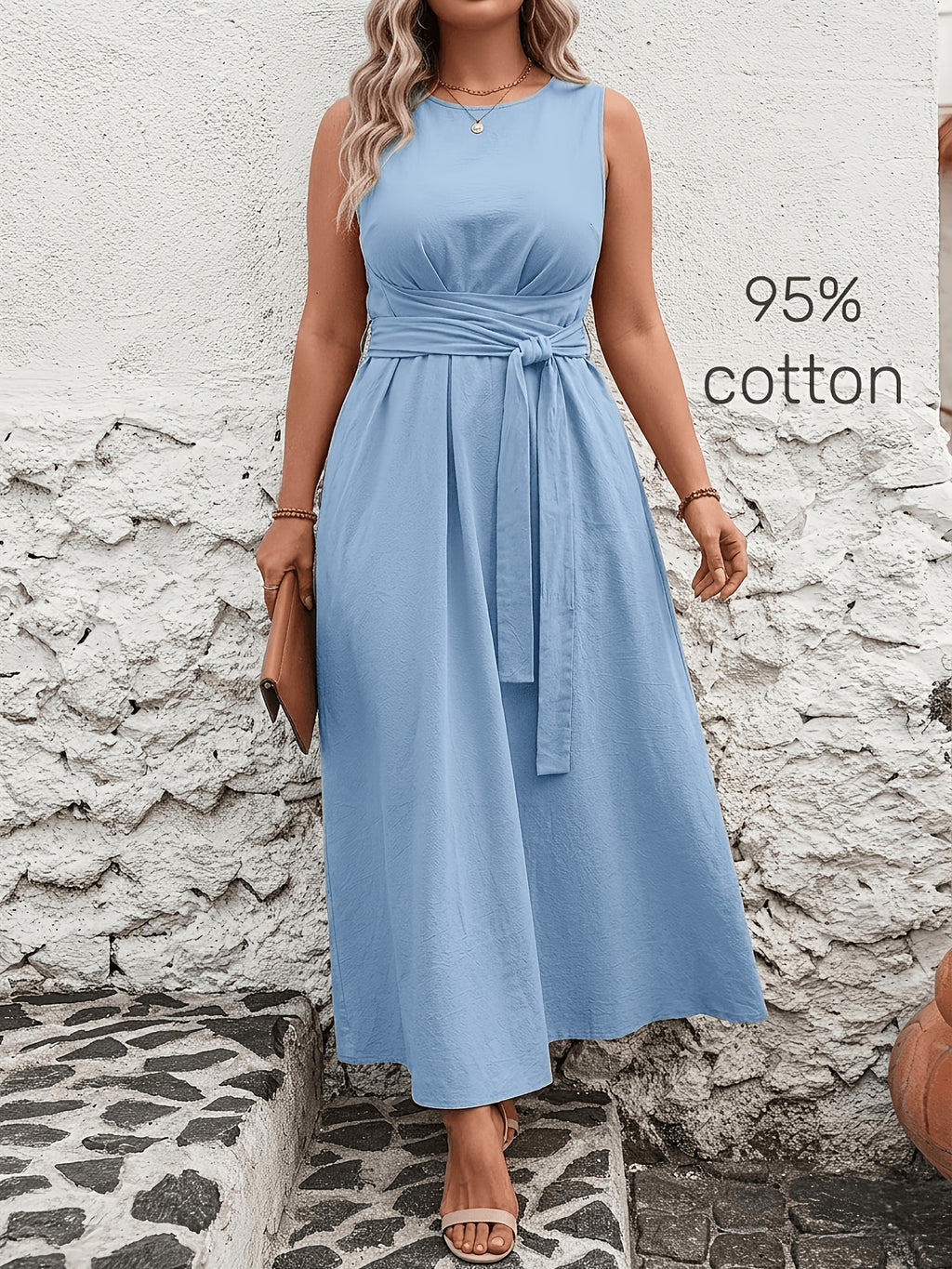 Robe longue grande taille — Coton, ceinture nouée au dos
