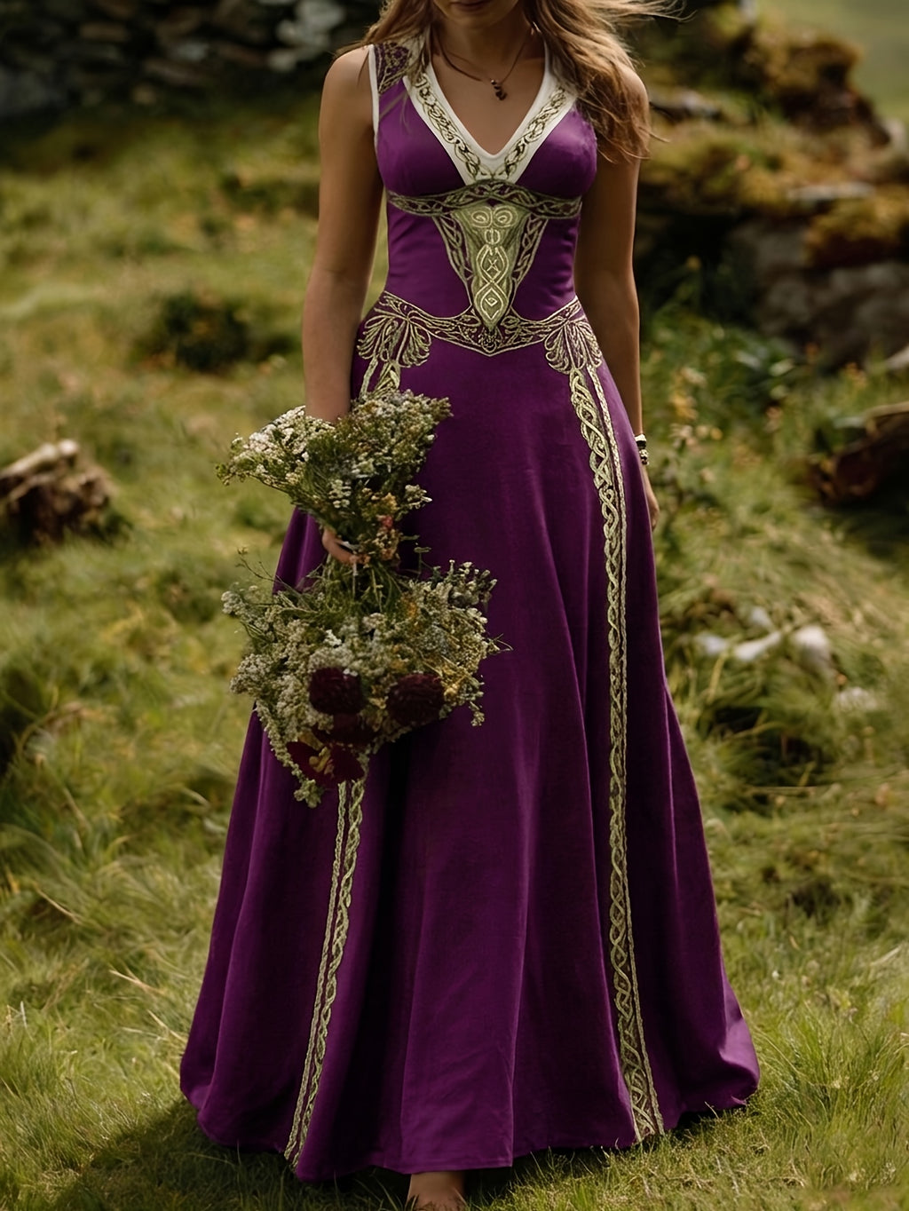 Robe longue grande taille — Entrelacs celtiques et col en V