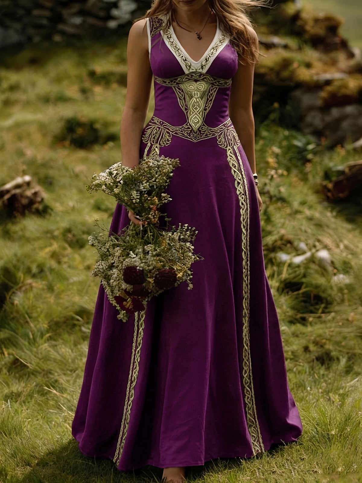 Robe longue grande taille — Entrelacs celtiques et col en V