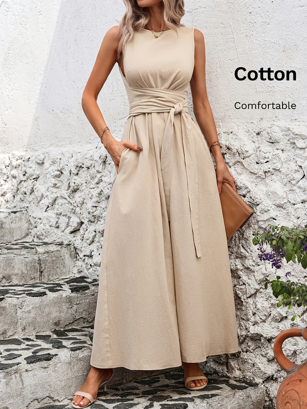 Robe longue grande taille — Coton, ceinture nouée au dos