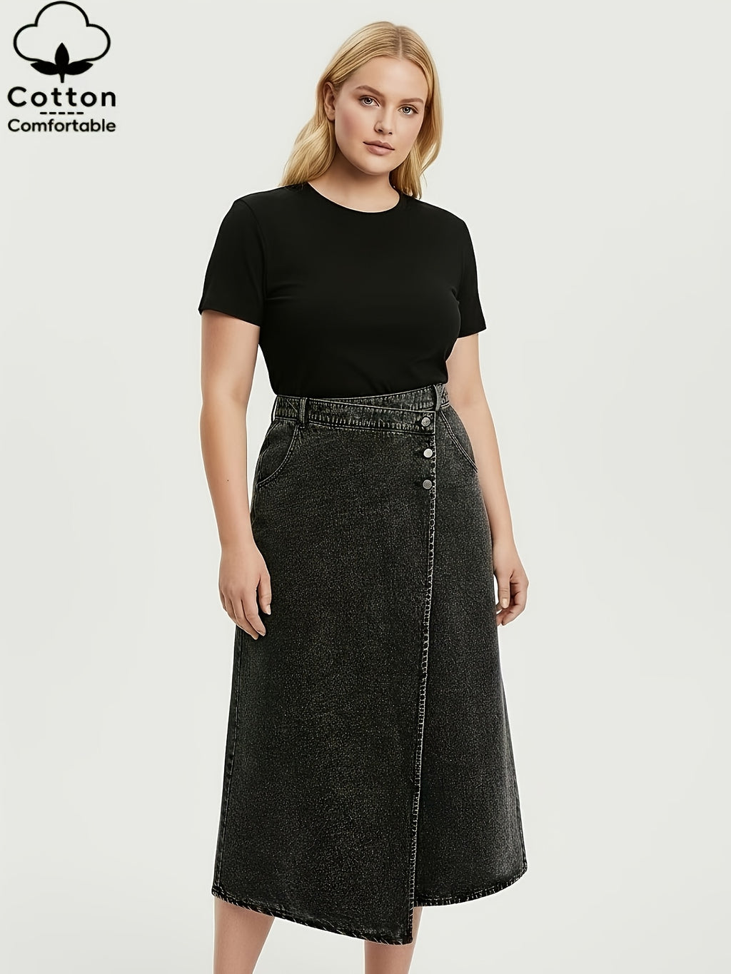 Jupe grande taille, fente, tenue franche — composition : 70% Coton, 26% Polyester, 3% Viscose, 1% Lyocell