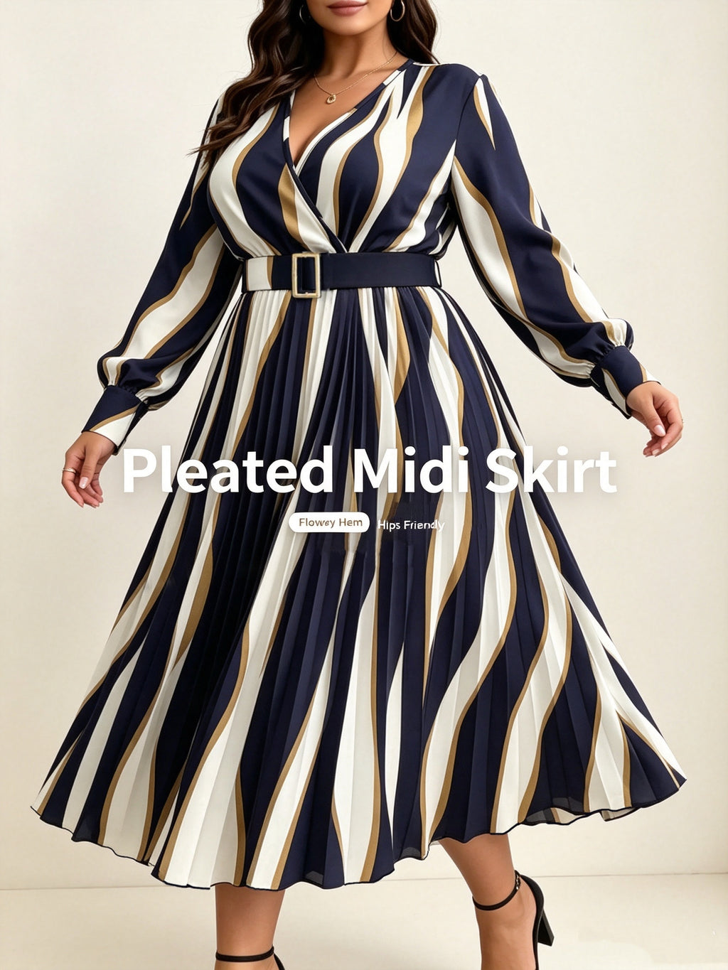 Robe midi grande taille, plissé soleil à rayures ondulées