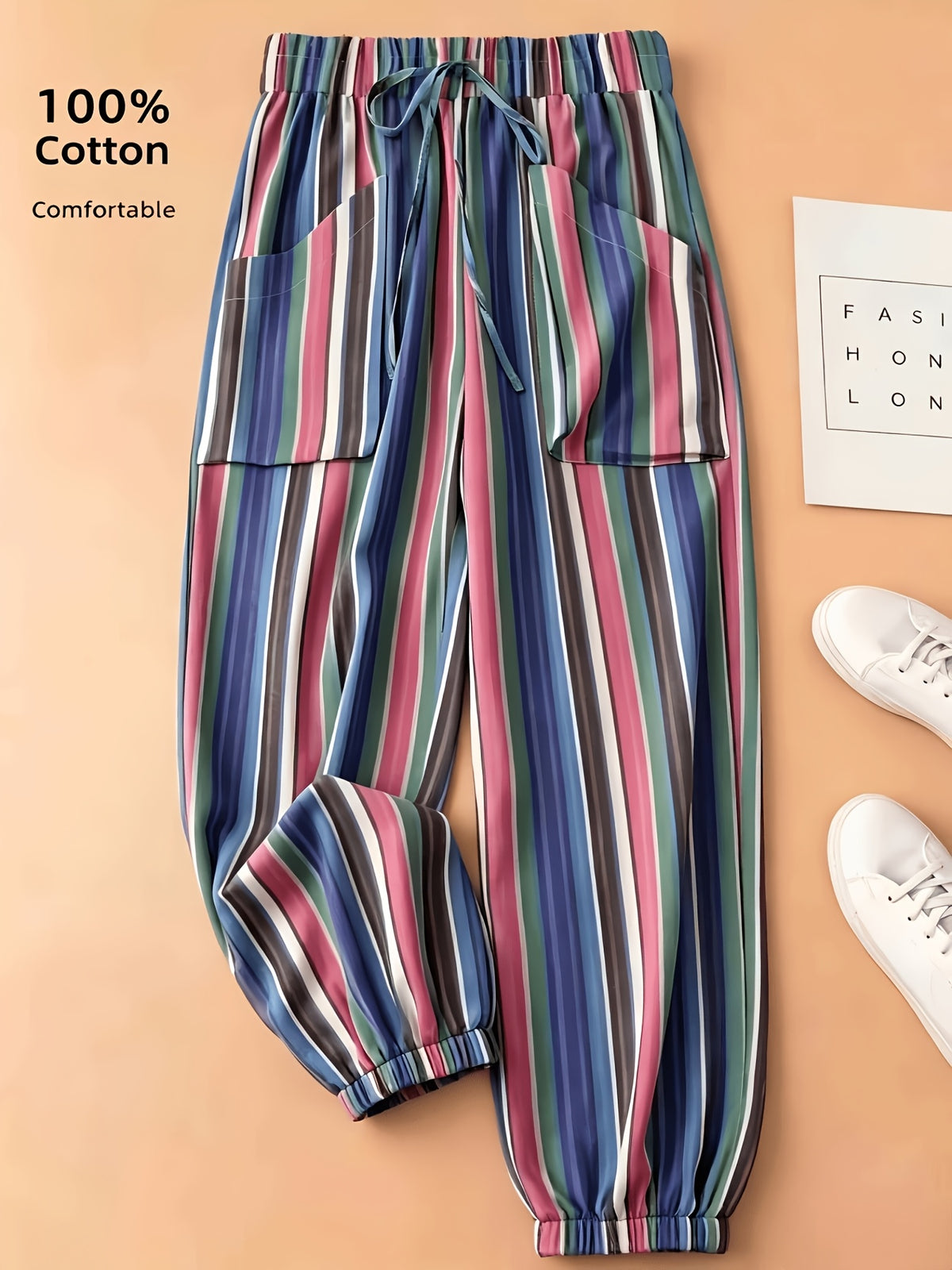 Pantalon grande taille à rayures, coupe droite, cordon, mise en situation