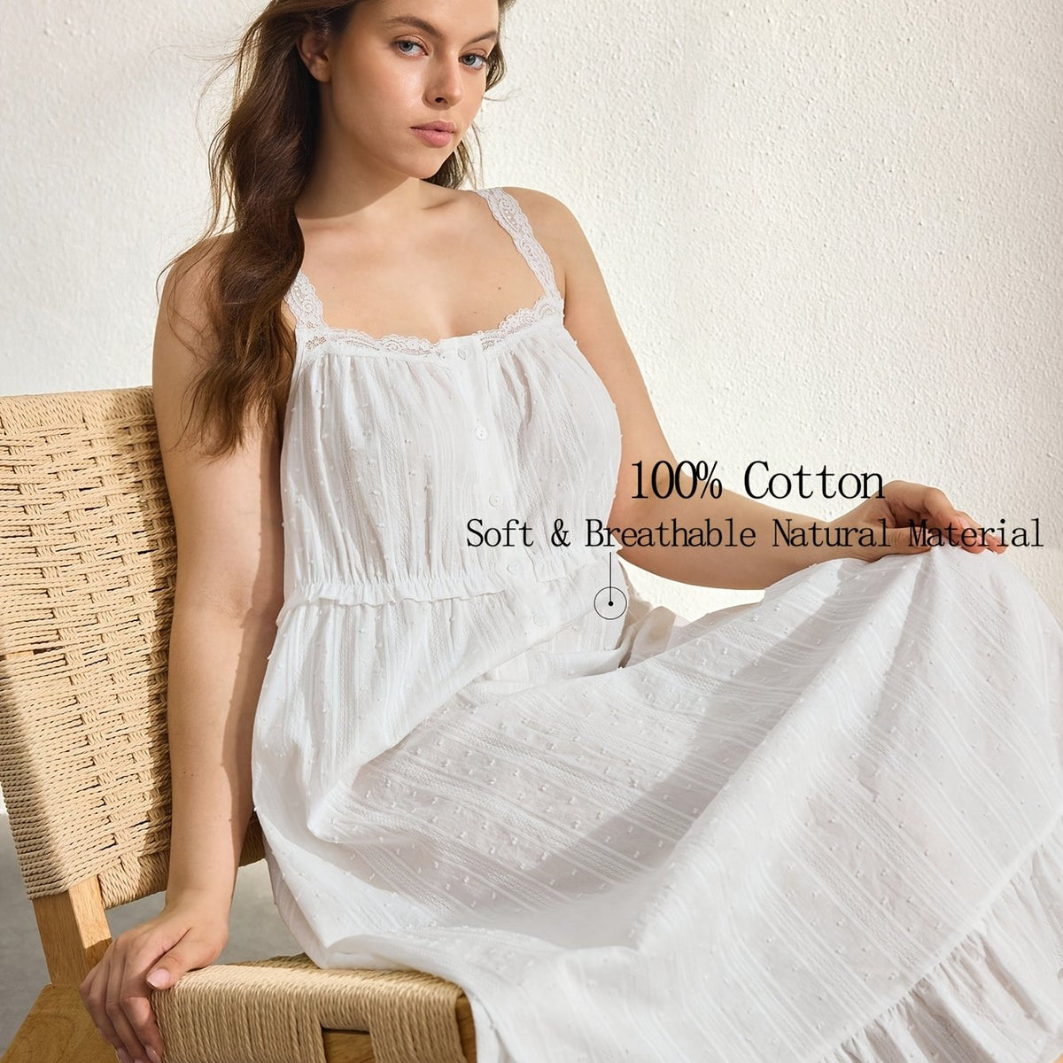 Pyjama grande taille en dentelle, volants, toucher naturel — composition : 100% Coton