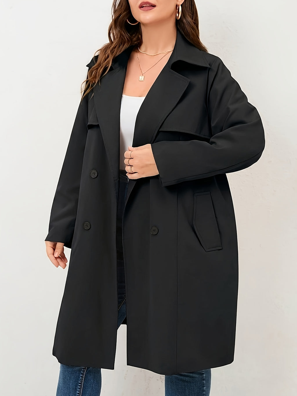 Trench grande taille, longueur midi, ceinture assortie, tissu opaque