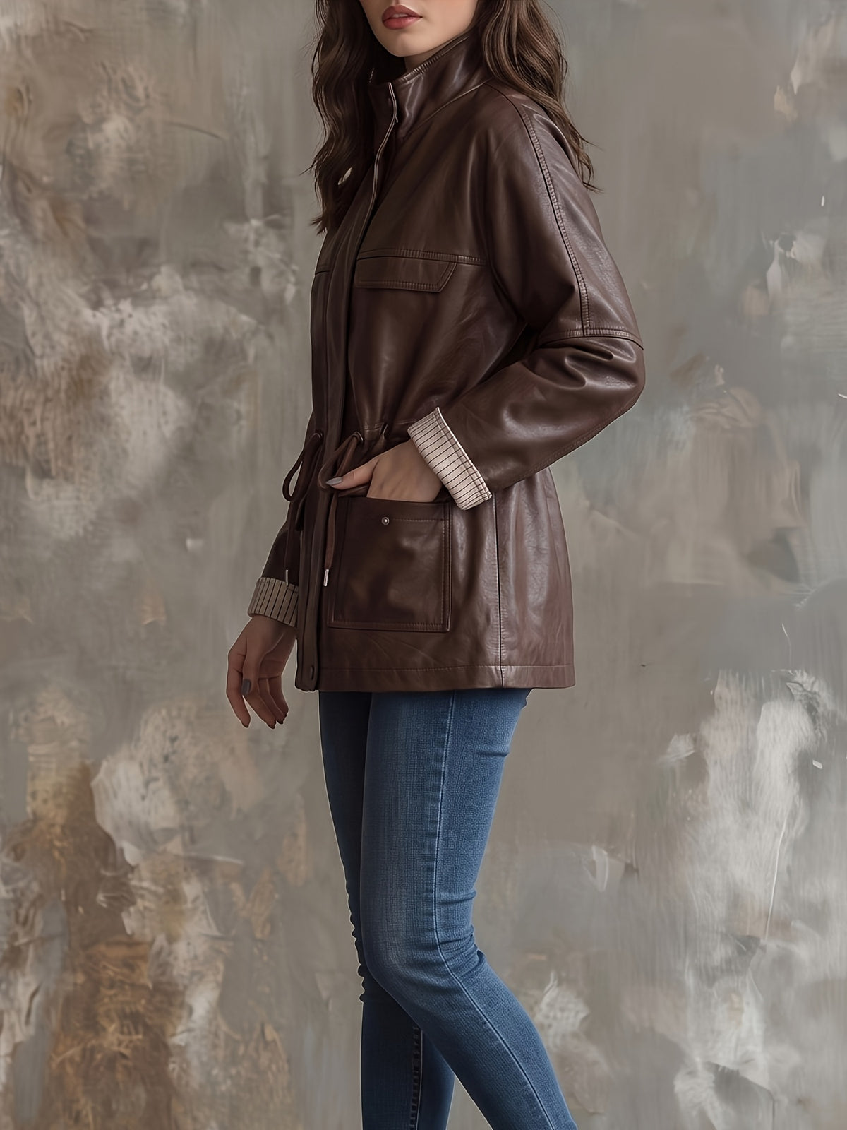 Veste grande taille en cuir synthétique, coupe ample, cordon, porté de face
