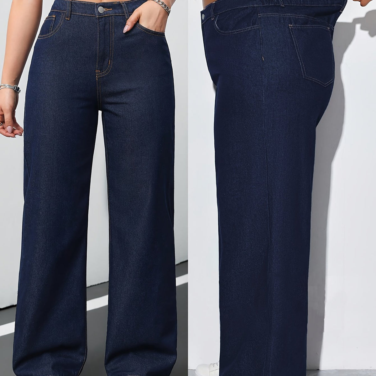 Jean grande taille, coupe droite, fermeture zippée, tenue franche — matière : denim