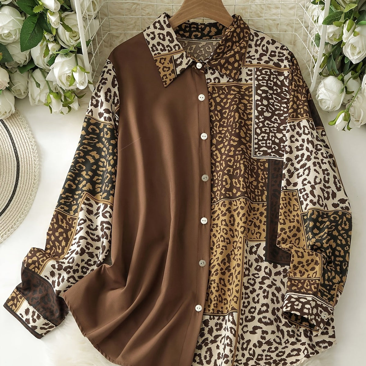 Chemise grande taille à imprimé géométrique, manches longues — matière : polyester