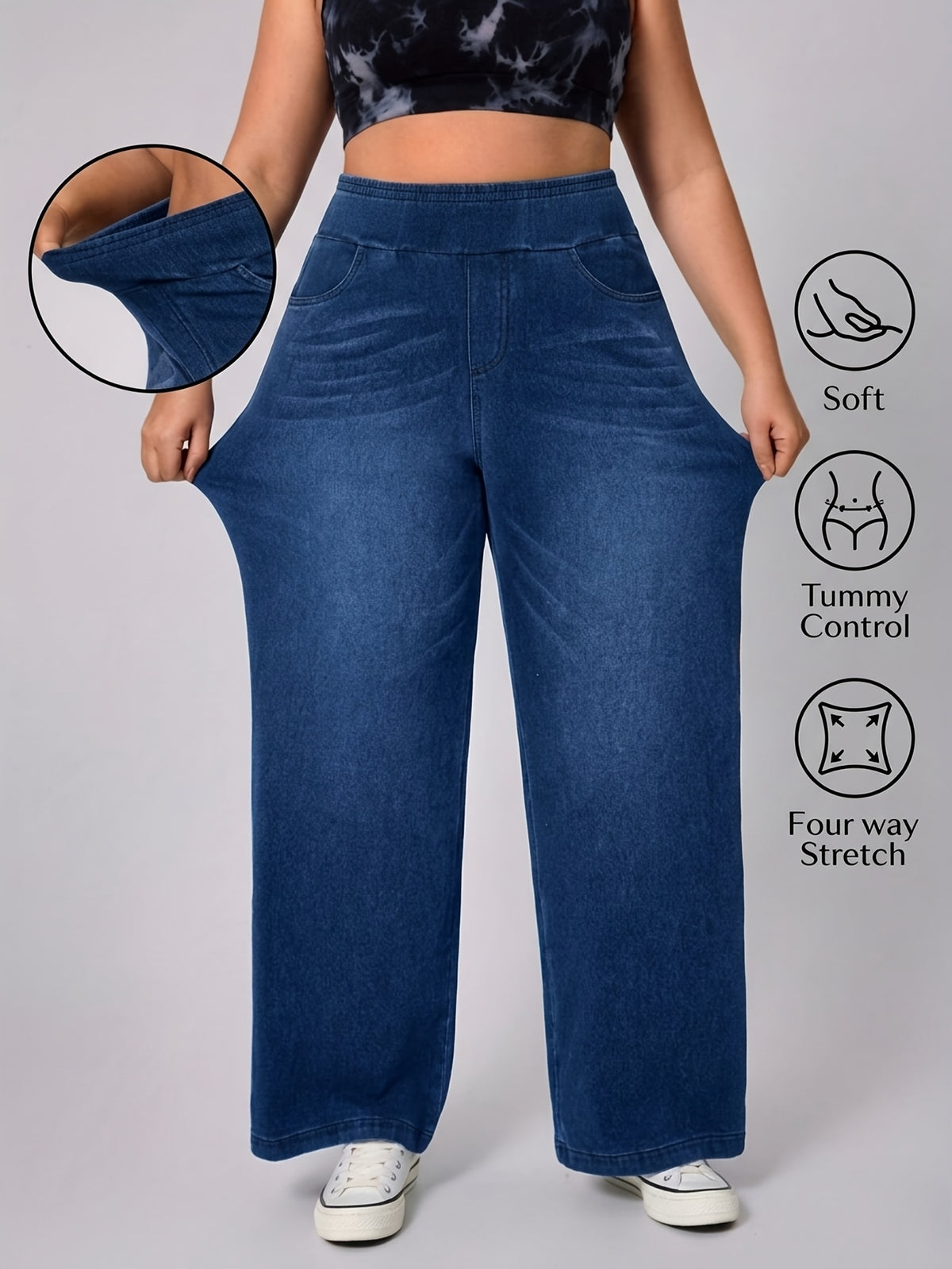 Pantalon grande taille, coupe évasée, délavage doux, tenue franche — composition : 48% Coton, 42% Polyester, 10% Élasthanne Image