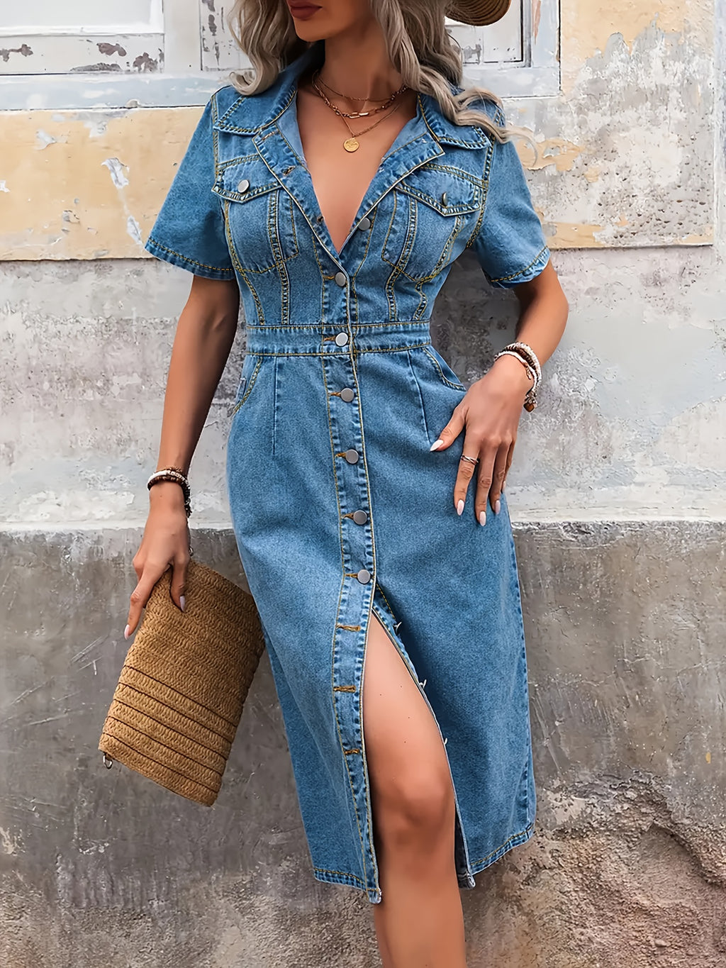 Robe grande taille, poches plaquées, manches courtes, tenue franche, vu de dos