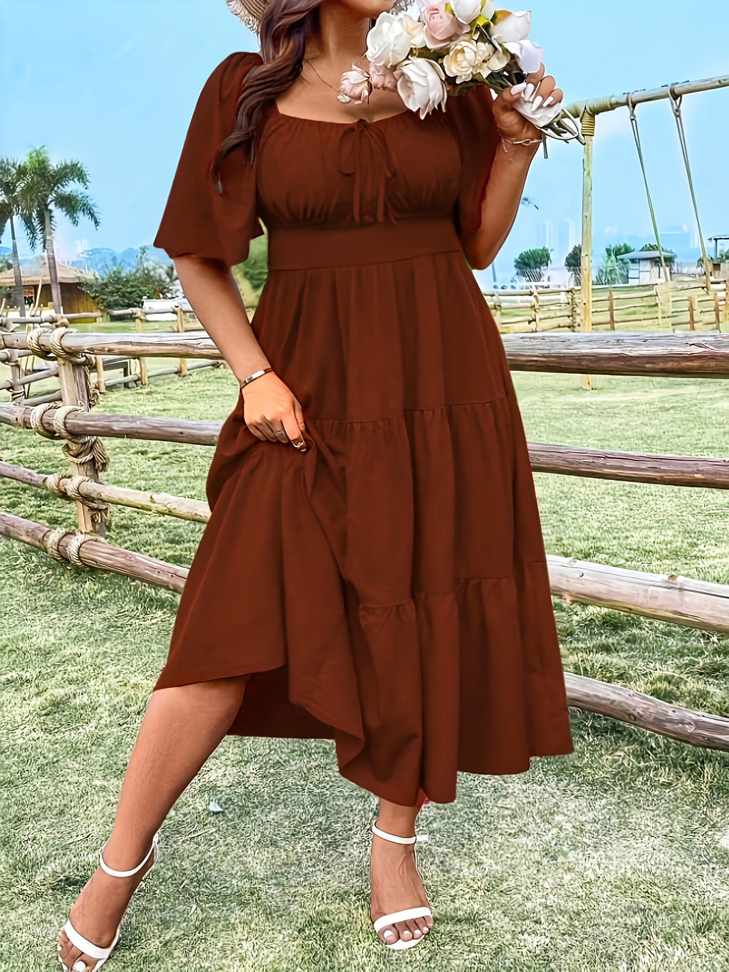 Robe bohème grande taille, jupe à étages et buste smocké