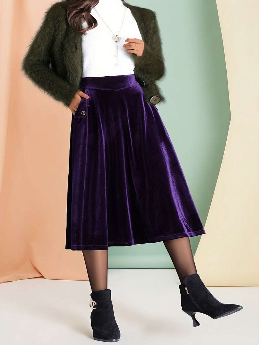 Jupe grande taille en velours, coupe évasée, toucher profond, allure élégante, détail du col