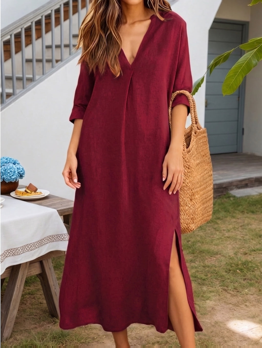 Robe longue grande taille — Caftan uni à fentes latérales