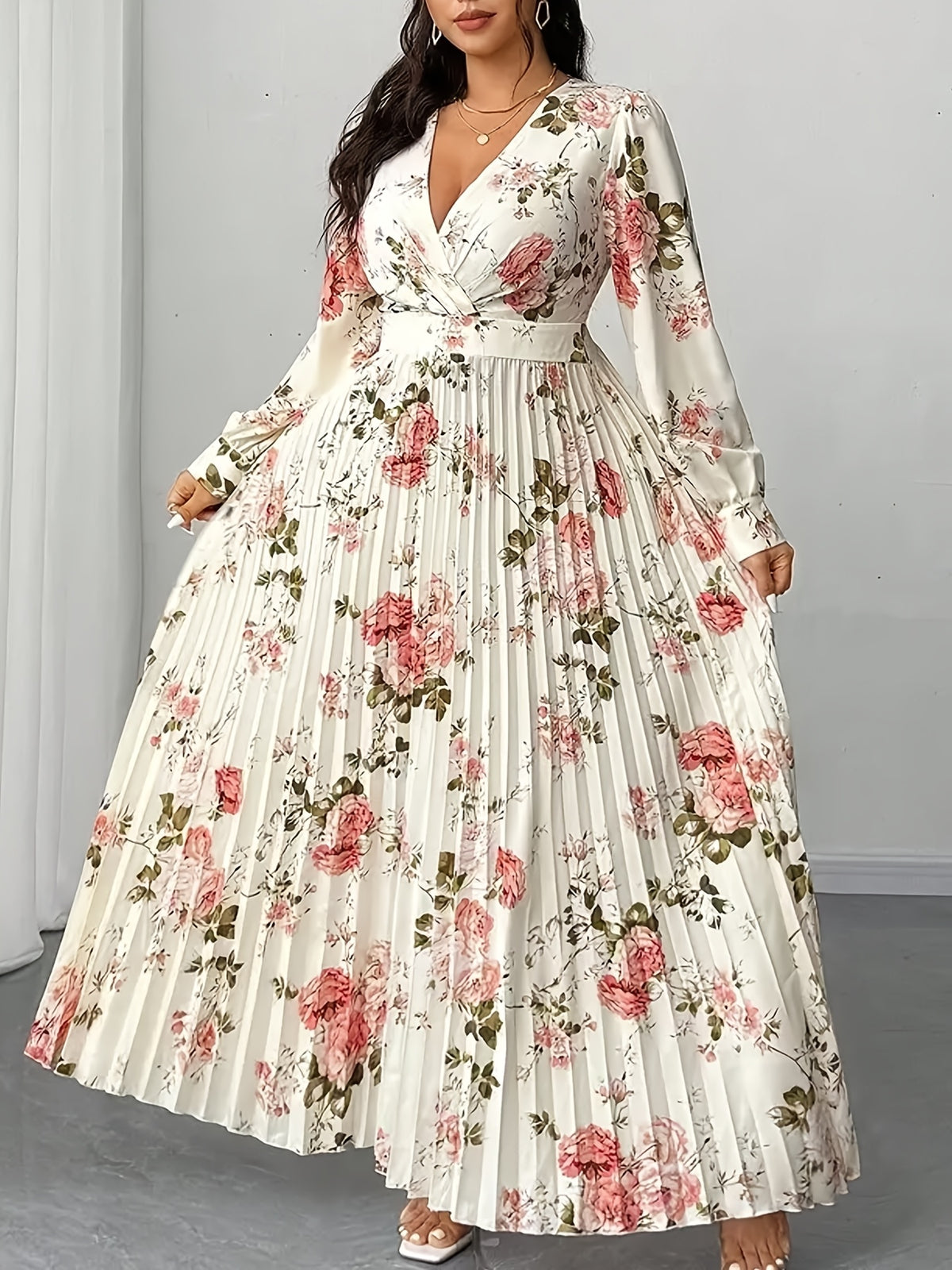 Robe longue grande taille — Roses, cache-cœur plissé soleil
