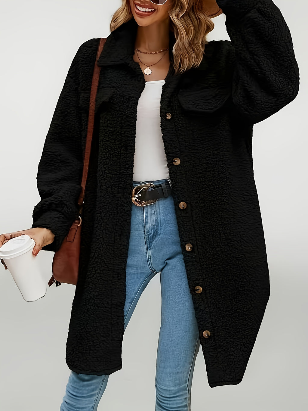 Manteau grande taille en sherpa, toucher doudou, chaleur d'hiver, vu de dos