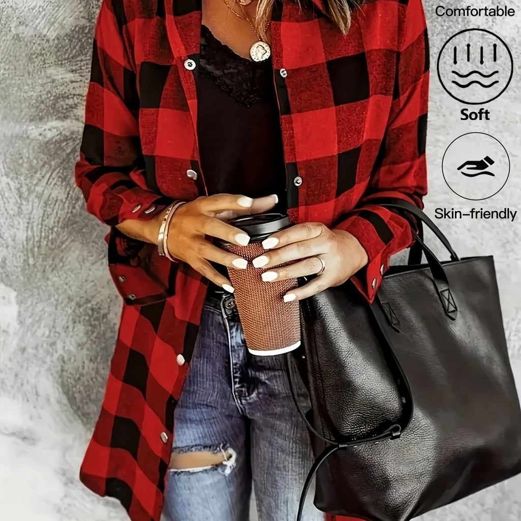 Chemise grande taille à carreaux, col à revers, manches longues — matière : polyester