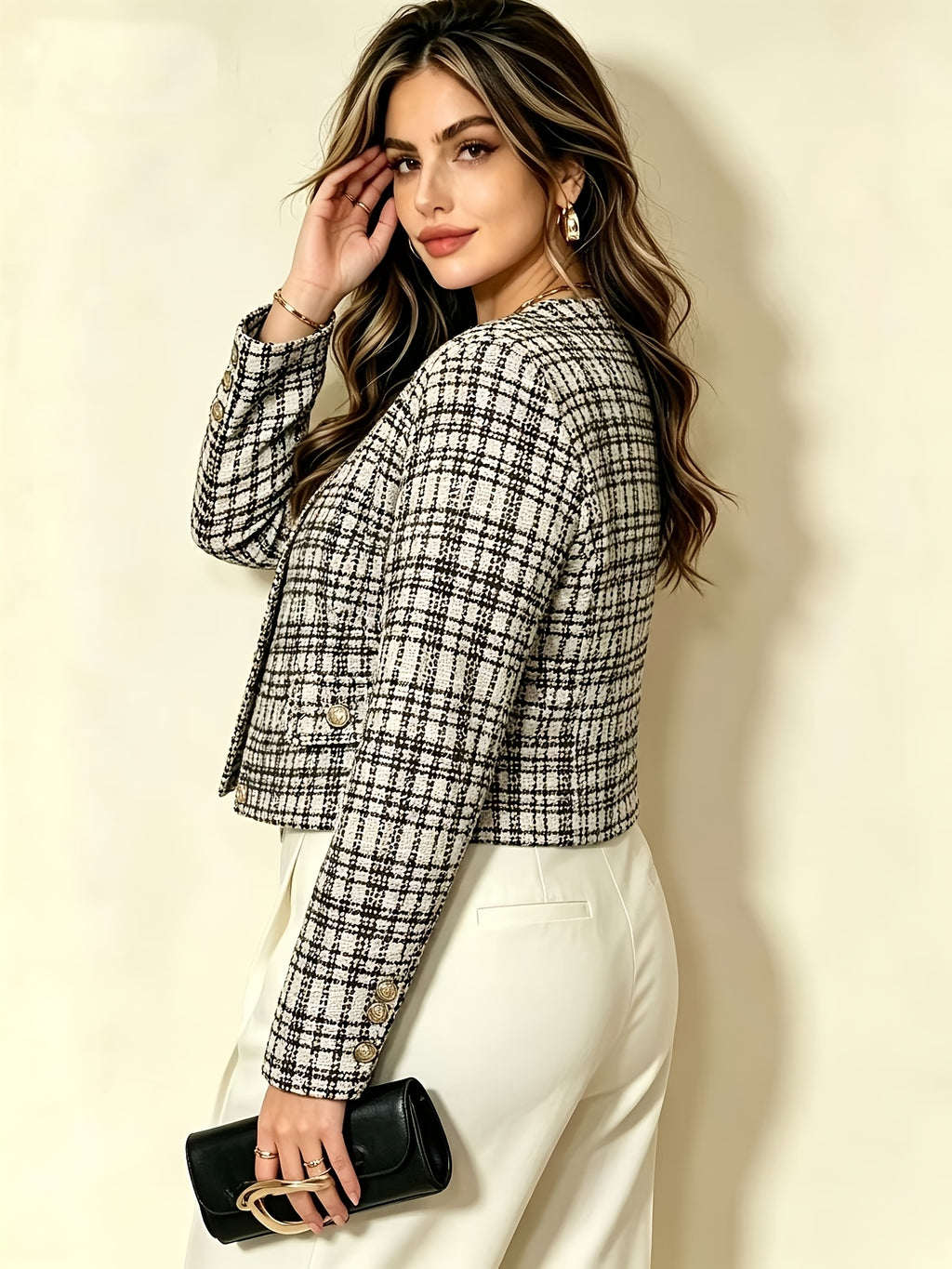 Veste grande taille en tweed, détail du tissu