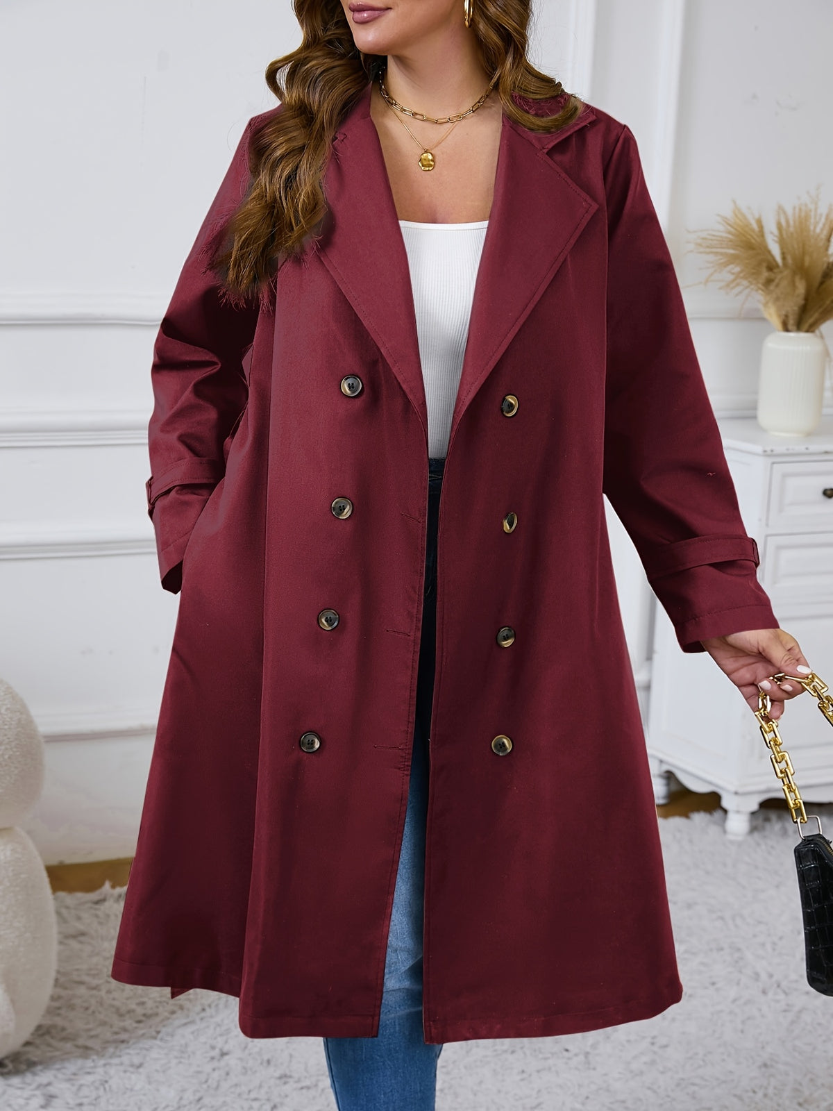 Manteau grande taille, coupe longue, col à revers, boutonnage Image