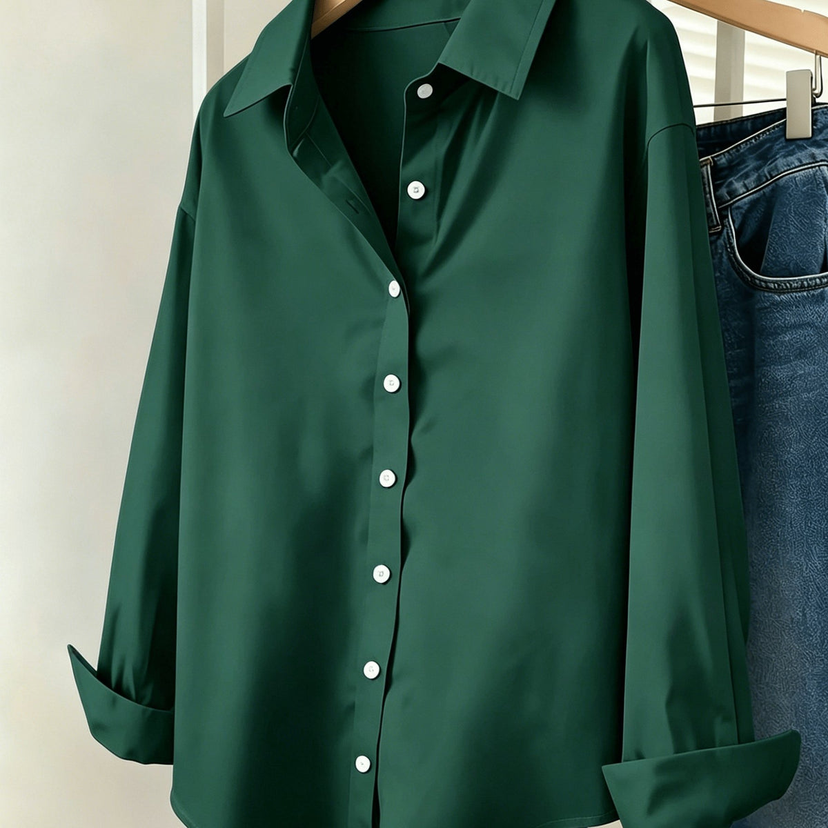Chemise grande taille, col à revers, boutonnage, allure élégante — matière : polyester
