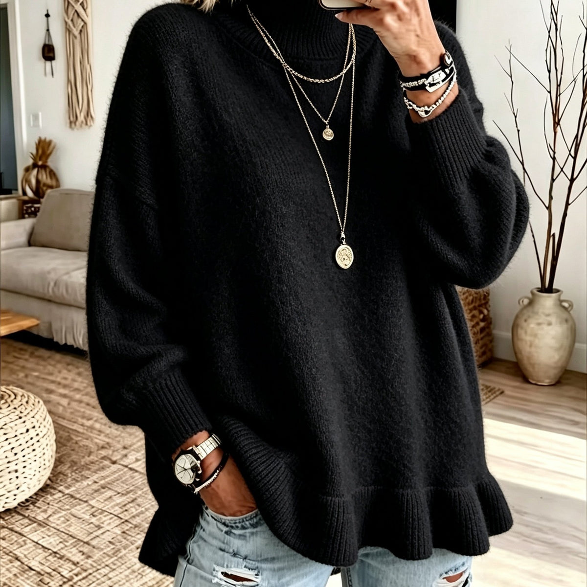 Pull grande taille, manches longues, porté de face