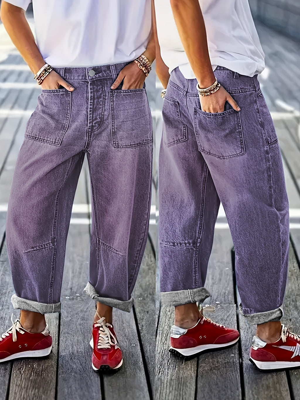 Jean grande taille, coupe droite, délavage doux, poches pratiques, gros plan