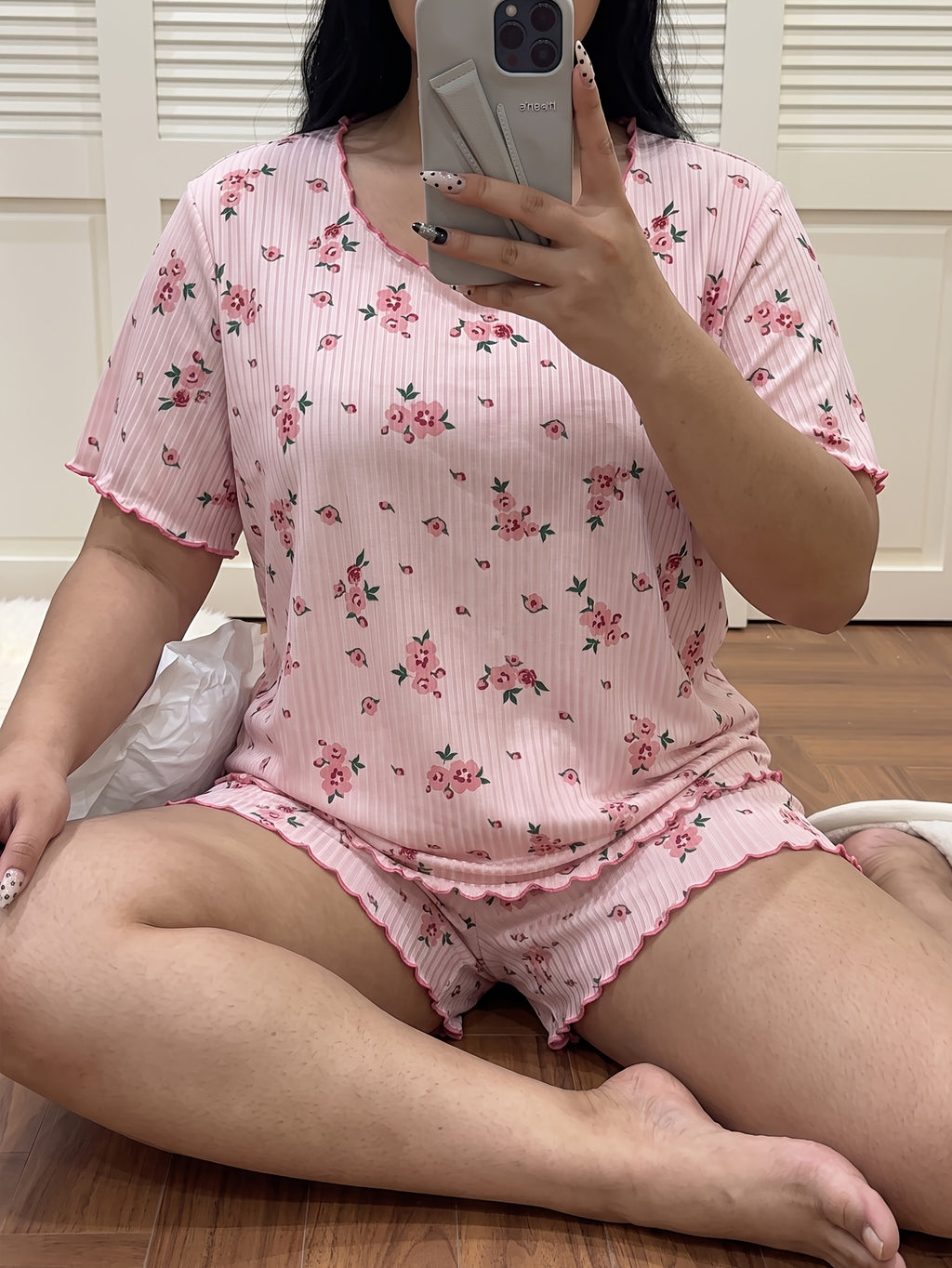 Pyjama grande taille à imprimé fleuri, coupe ample, manches courtes, vu de dos