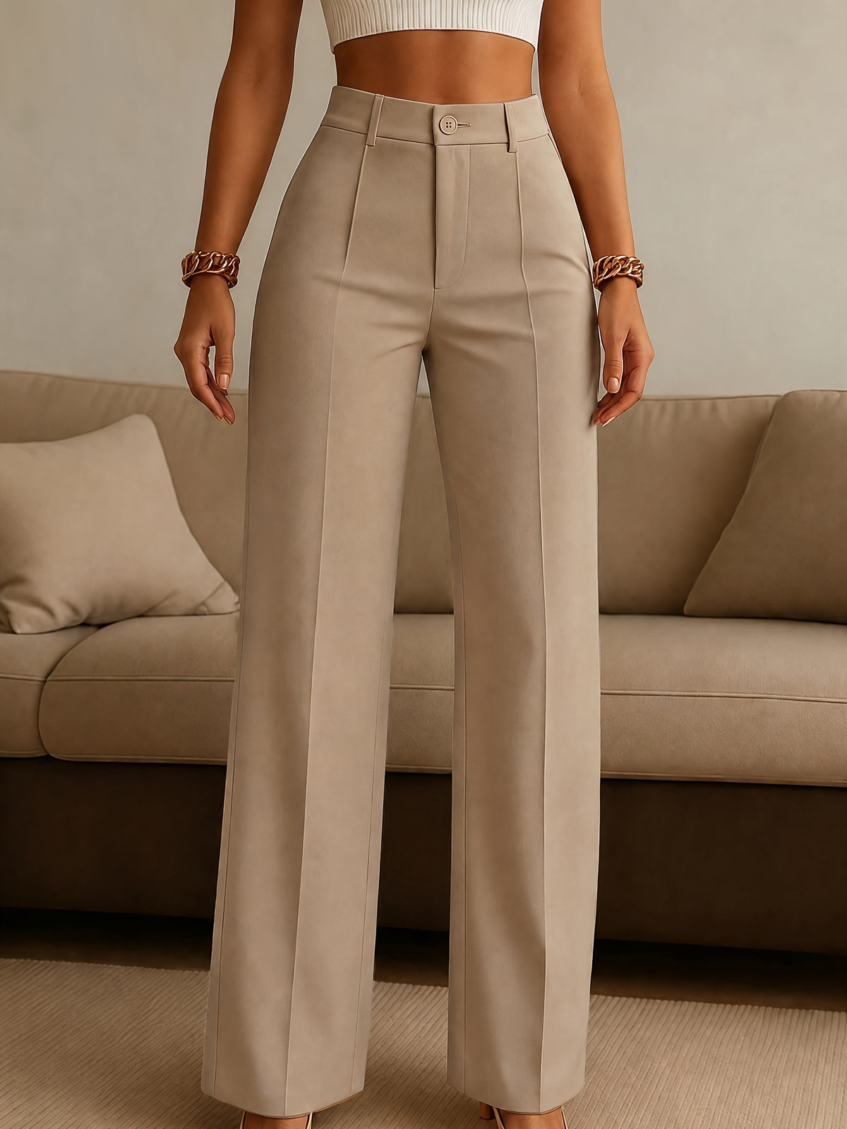 Pantalon grande taille, coupe droite, fermeture zippée, allure élégante Image