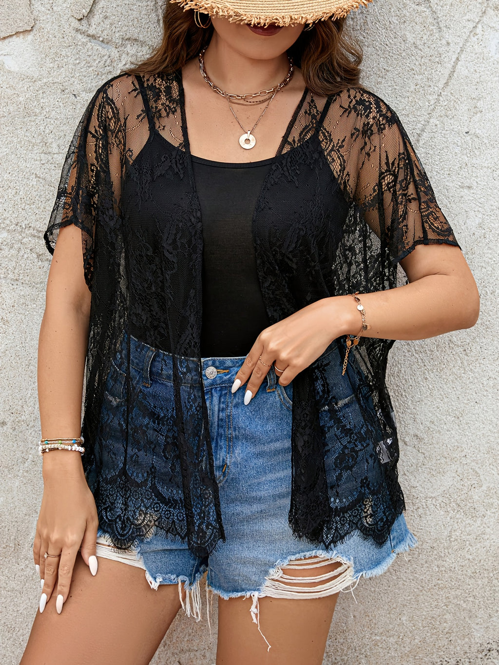 Cardigan grande taille en dentelle, manches courtes, effet ajouré, autre coloris
