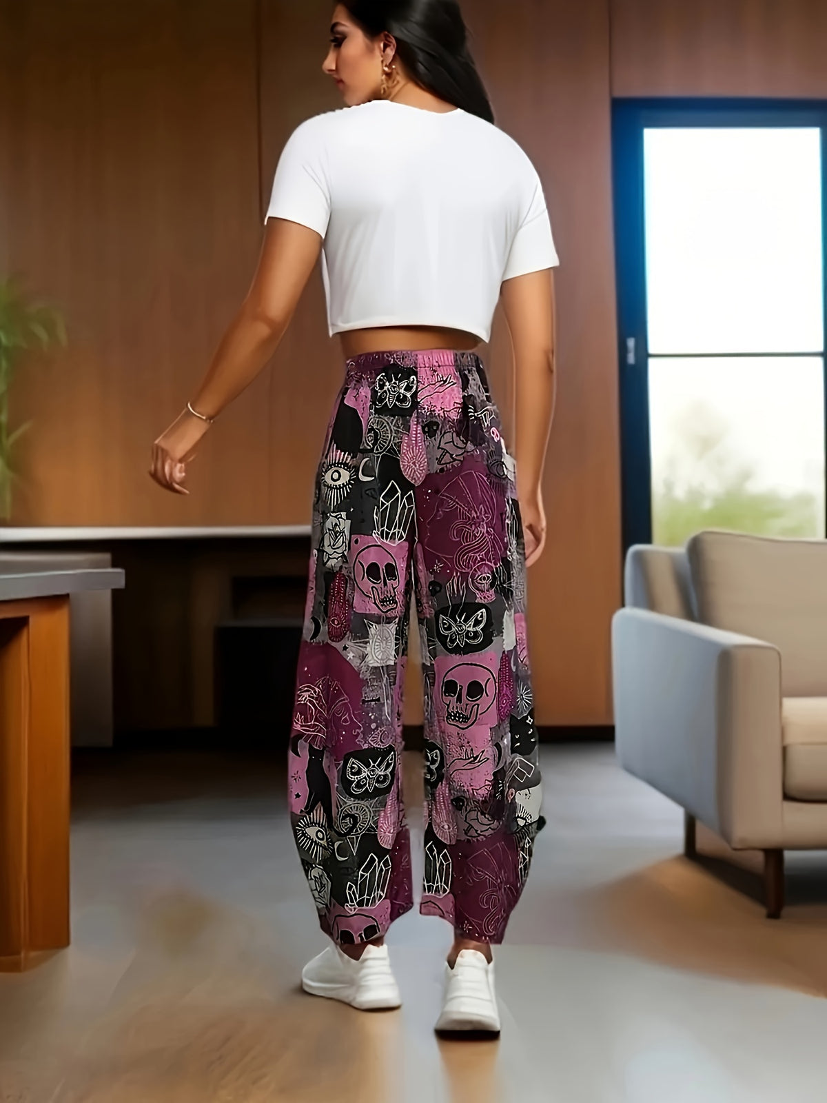 Pantalon grande taille, coupe évasée, jambe large, esprit décontracté, tissu opaque