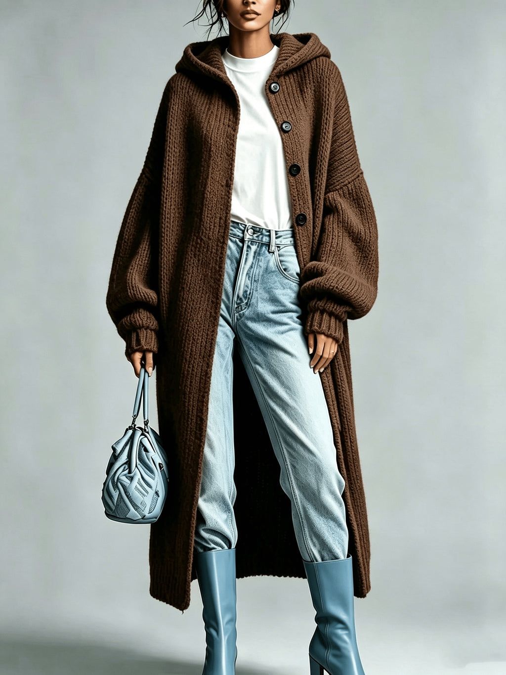 Cardigan grande taille, manches longues, chaleur d'hiver, mise en situation