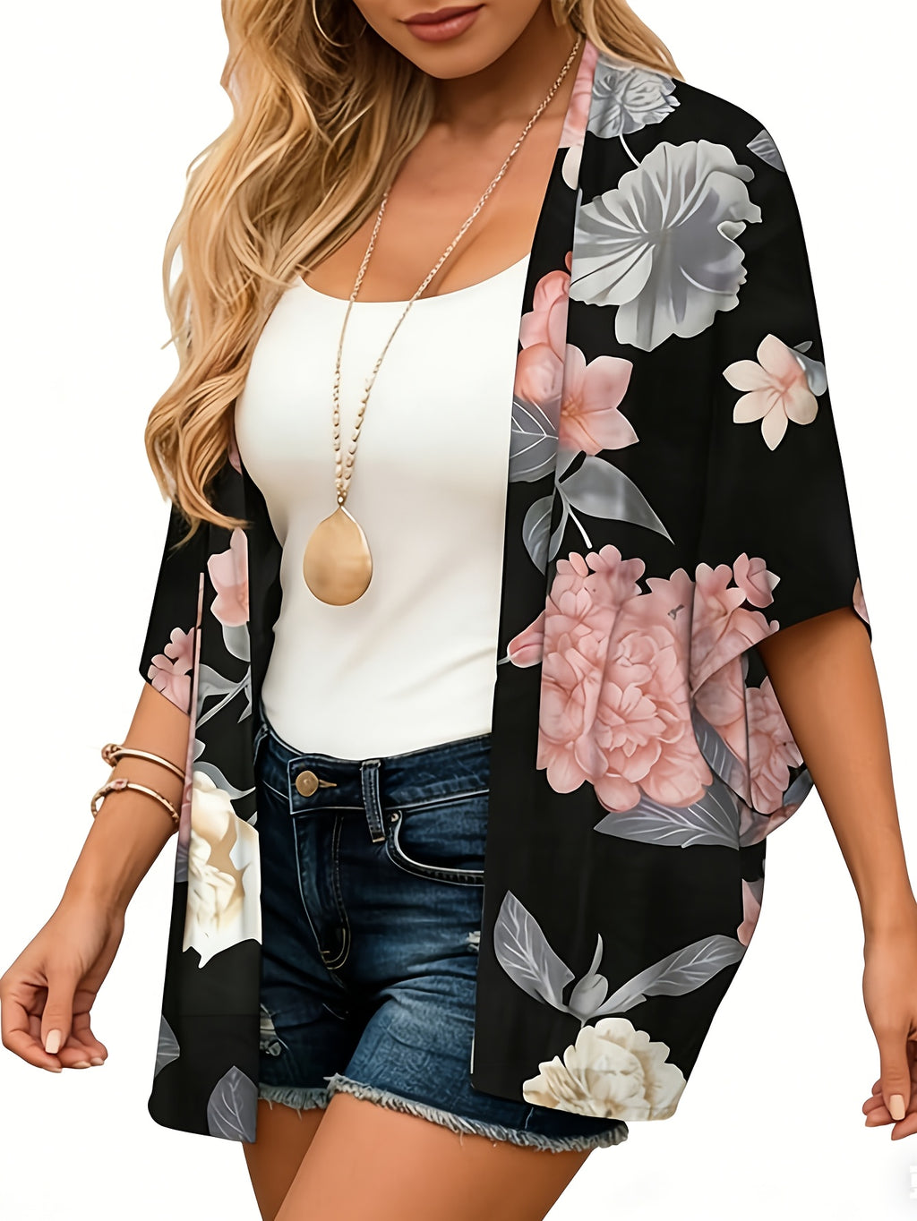 Kimono grande taille à imprimé fleuri, vue de profil