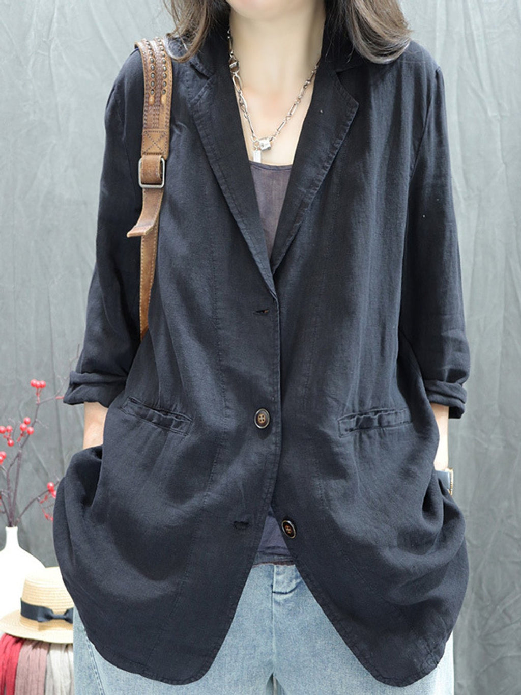 Blazer grande taille en lin, coupe ample, manches longues, tenue souple — composition : 100% Lin