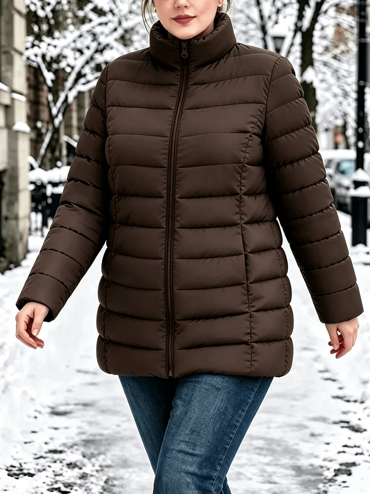 Veste grande taille, poches plaquées, fermeture zippée, chaleur d'hiver, mise en situation