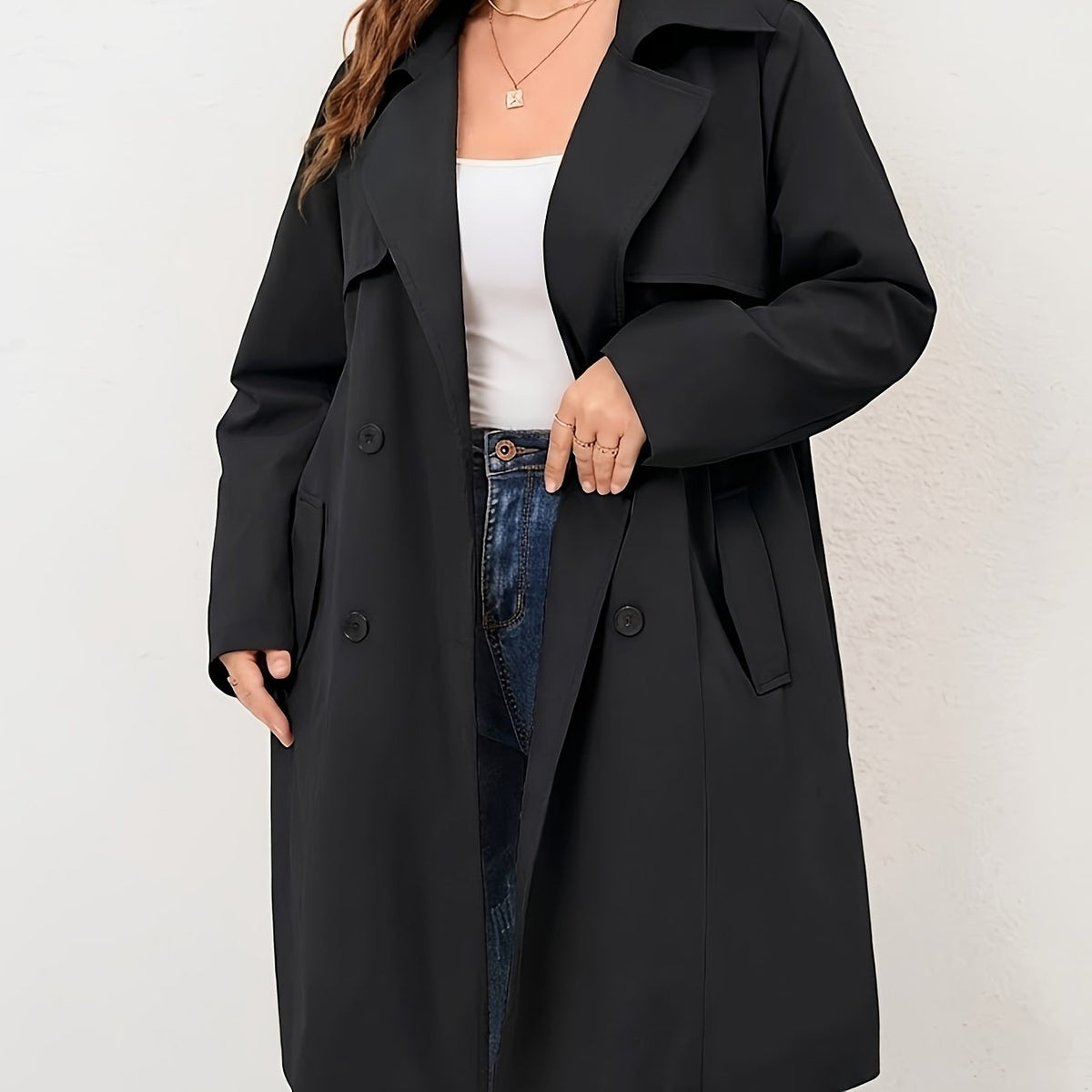 Trench grande taille, longueur midi, ceinture assortie — matière : polyester