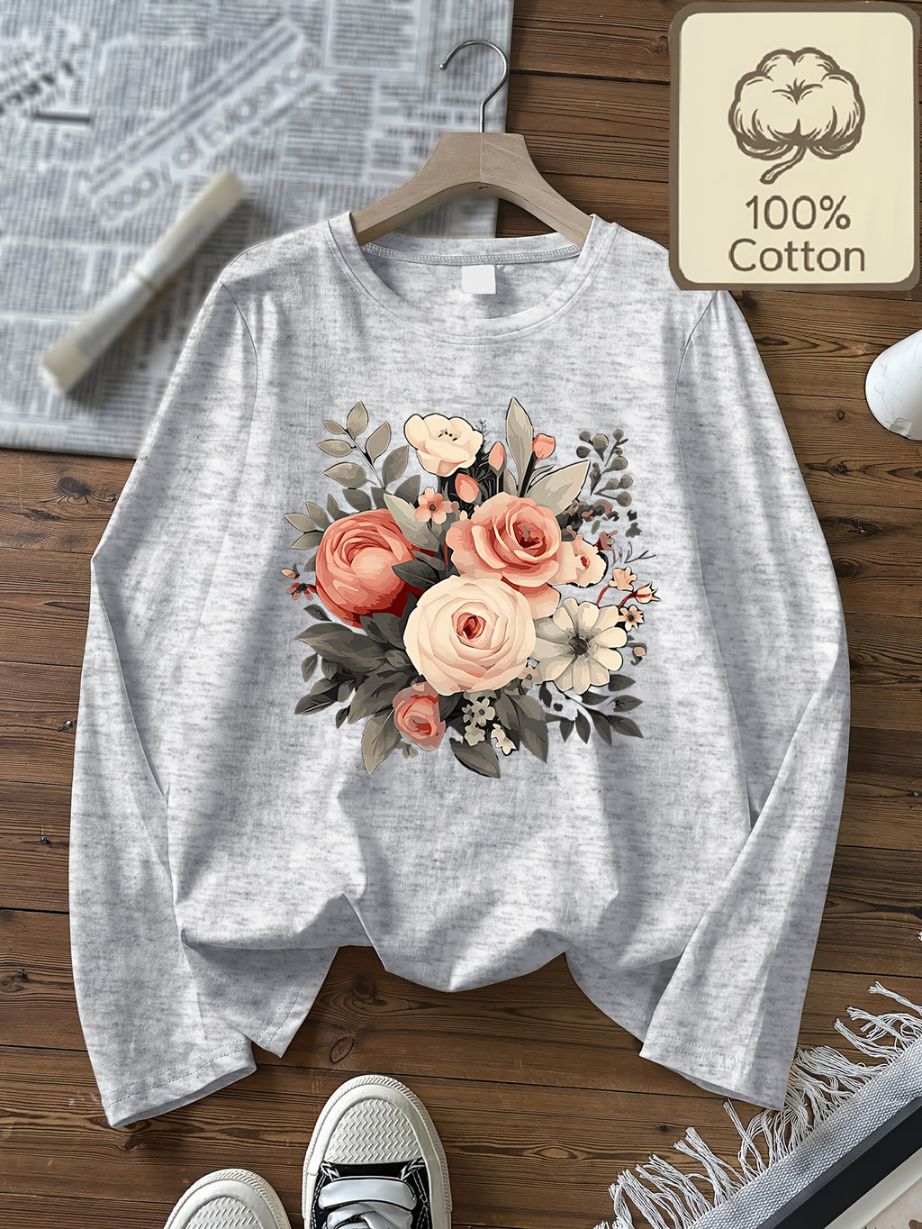 Top grande taille, col rond, manches longues, toucher naturel, vu de dos