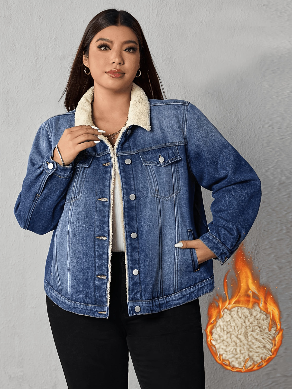 Veste grande taille, coupe oversize, boutonnage, tenue franche, porté de face