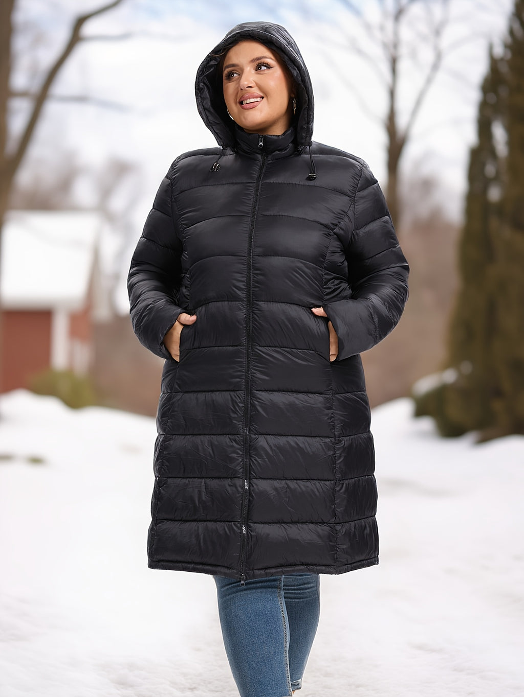 Manteau grande taille, col mao, capuche, chaleur d'hiver, vu de dos