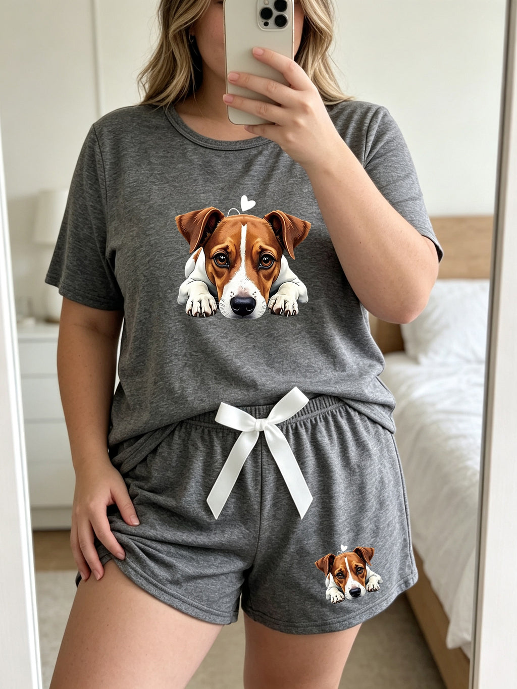 Pyjama grande taille, coupe ample, col rond, manches courtes, gros plan