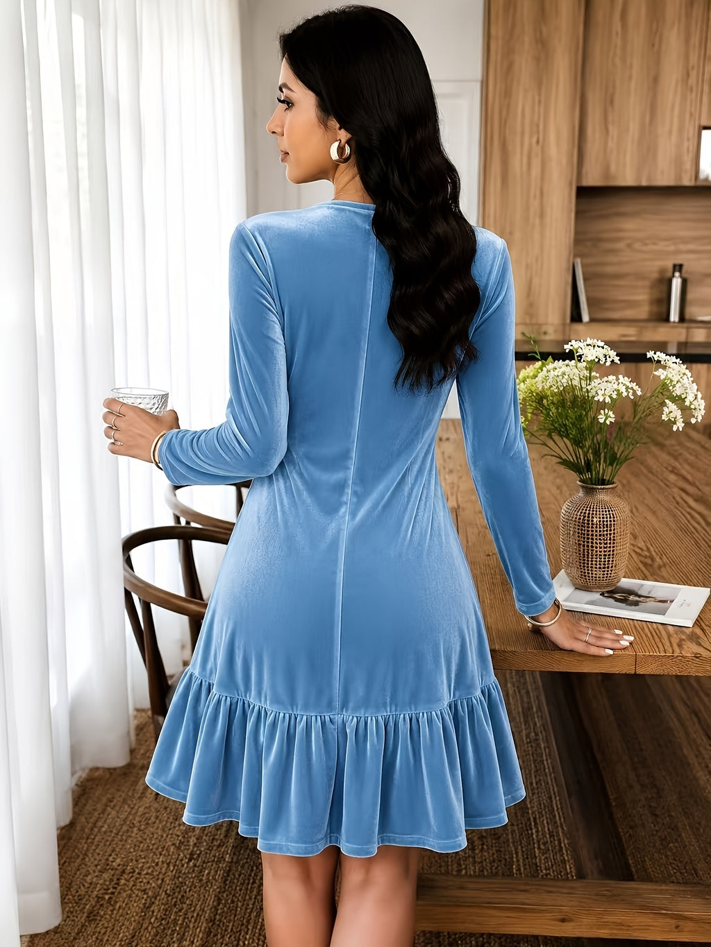 Robe grande taille en velours, coupe ample, volants, toucher profond