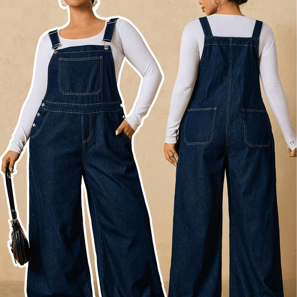 Salopette grande taille, coupe droite, poches pratiques, tenue franche — matière : denim