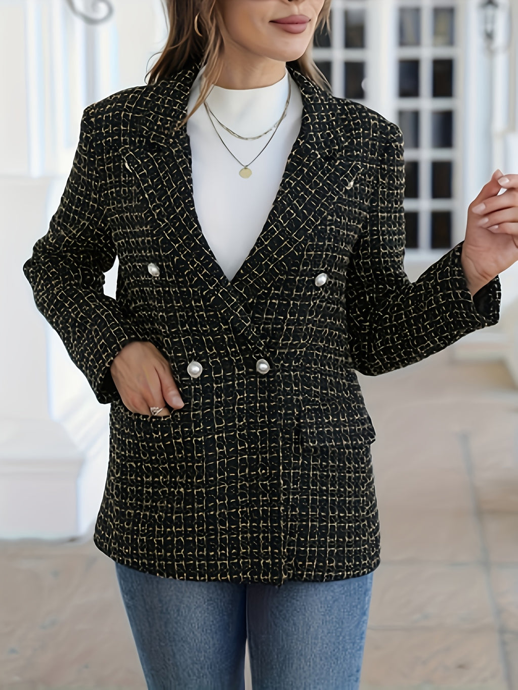 Blazer grande taille en tweed, doublure, tenue structurée, mise en situation