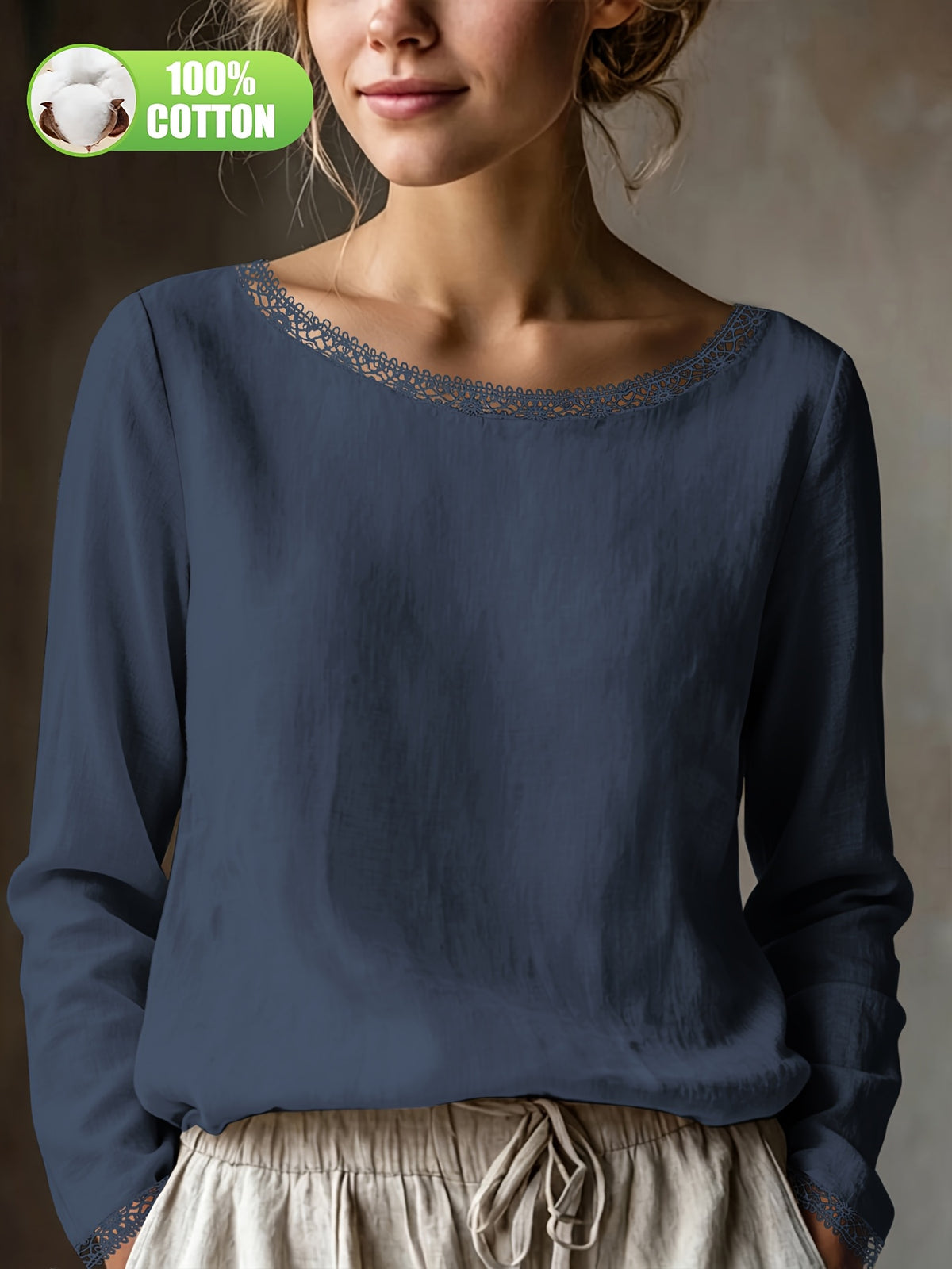 Top grande taille en dentelle, coupe ample, manches longues, toucher naturel, autre coloris