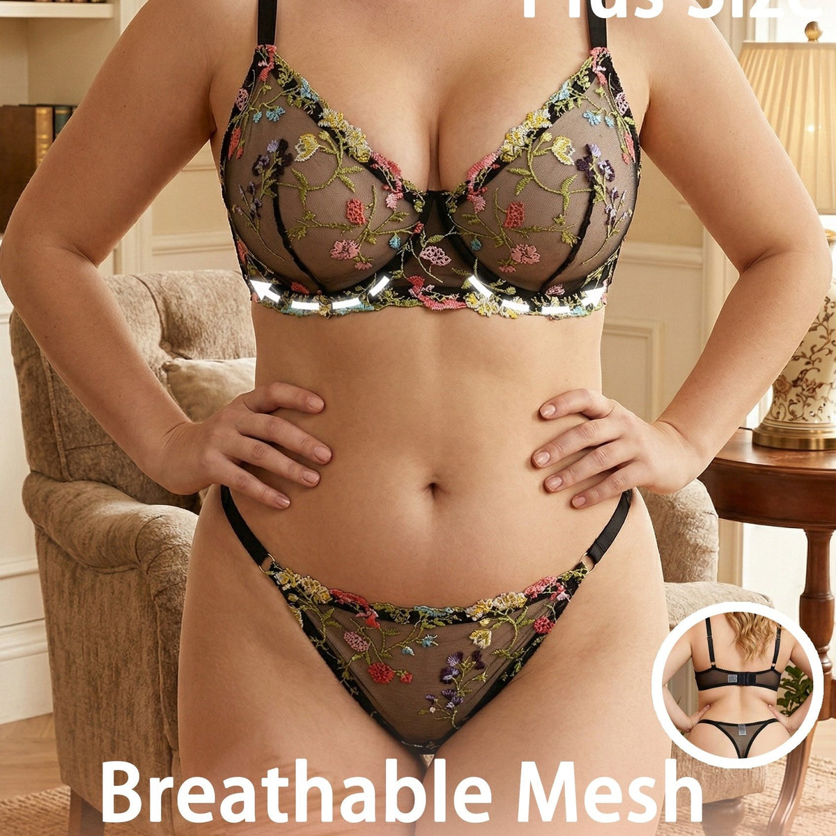 Ensemble grande taille à imprimé fleuri, broderie, ligne affirmée — matière : polyester