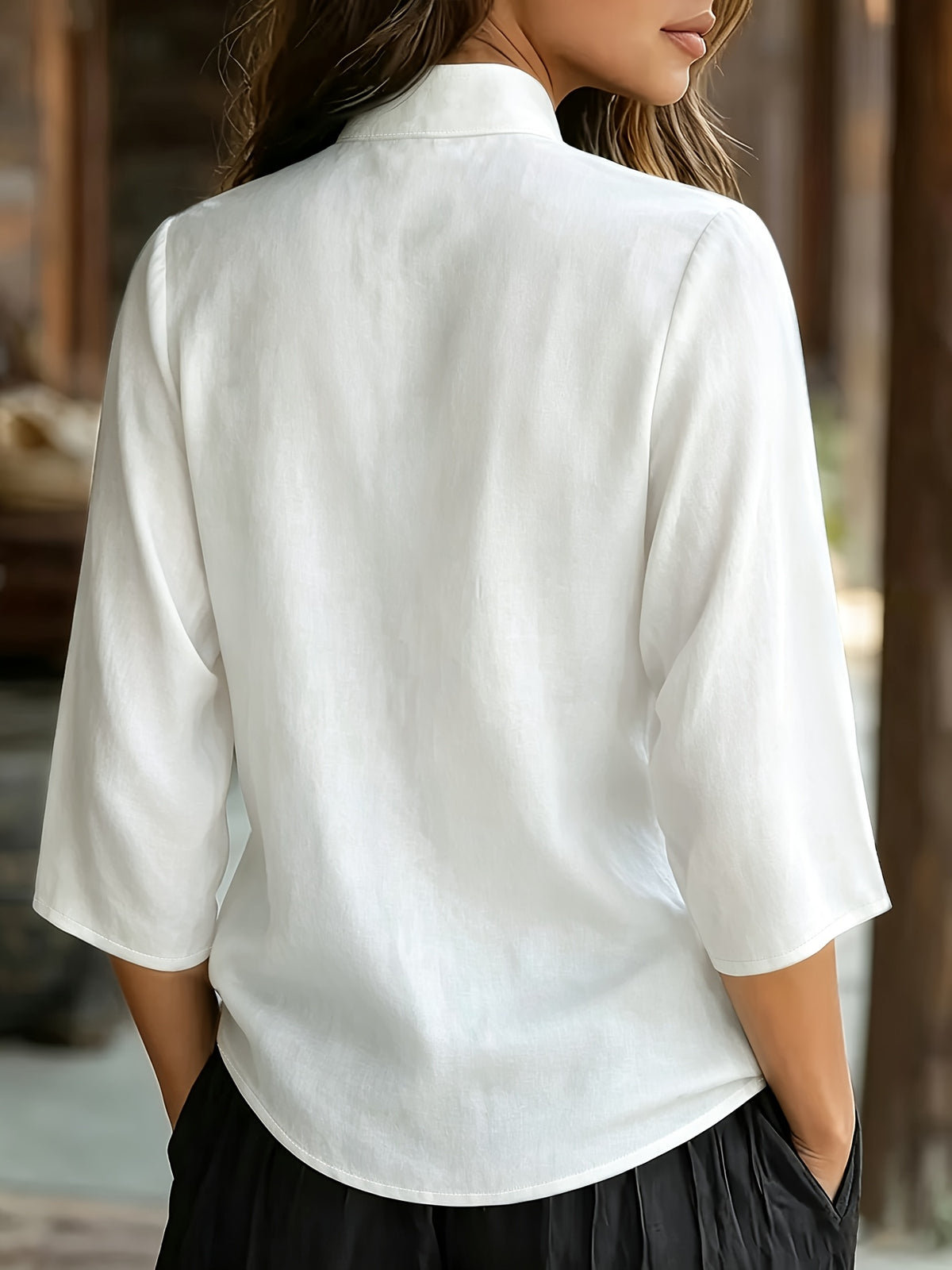 Chemise grande taille, dentelle contrastée, manches longues, toutes saisons, vu de dos