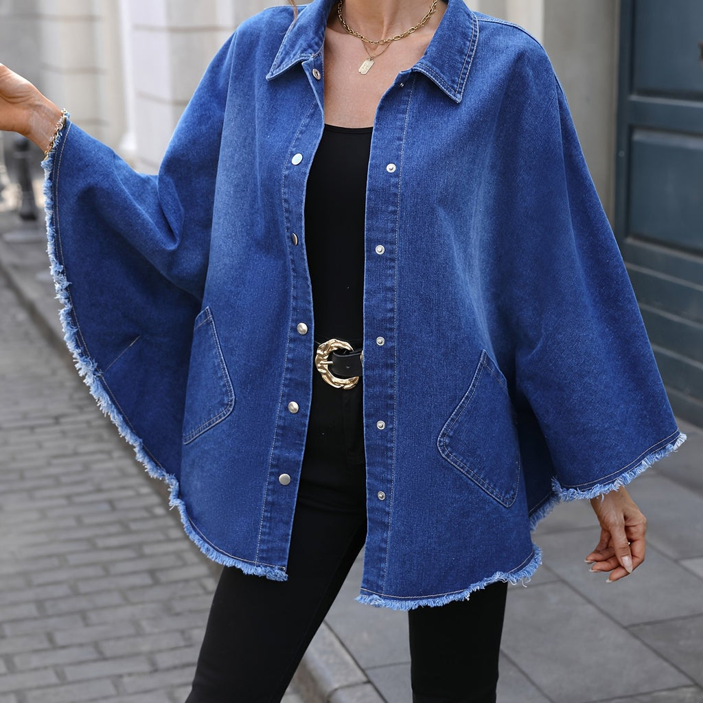 Veste grande taille, coupe ample, col à revers, boutonnage — matière : denim