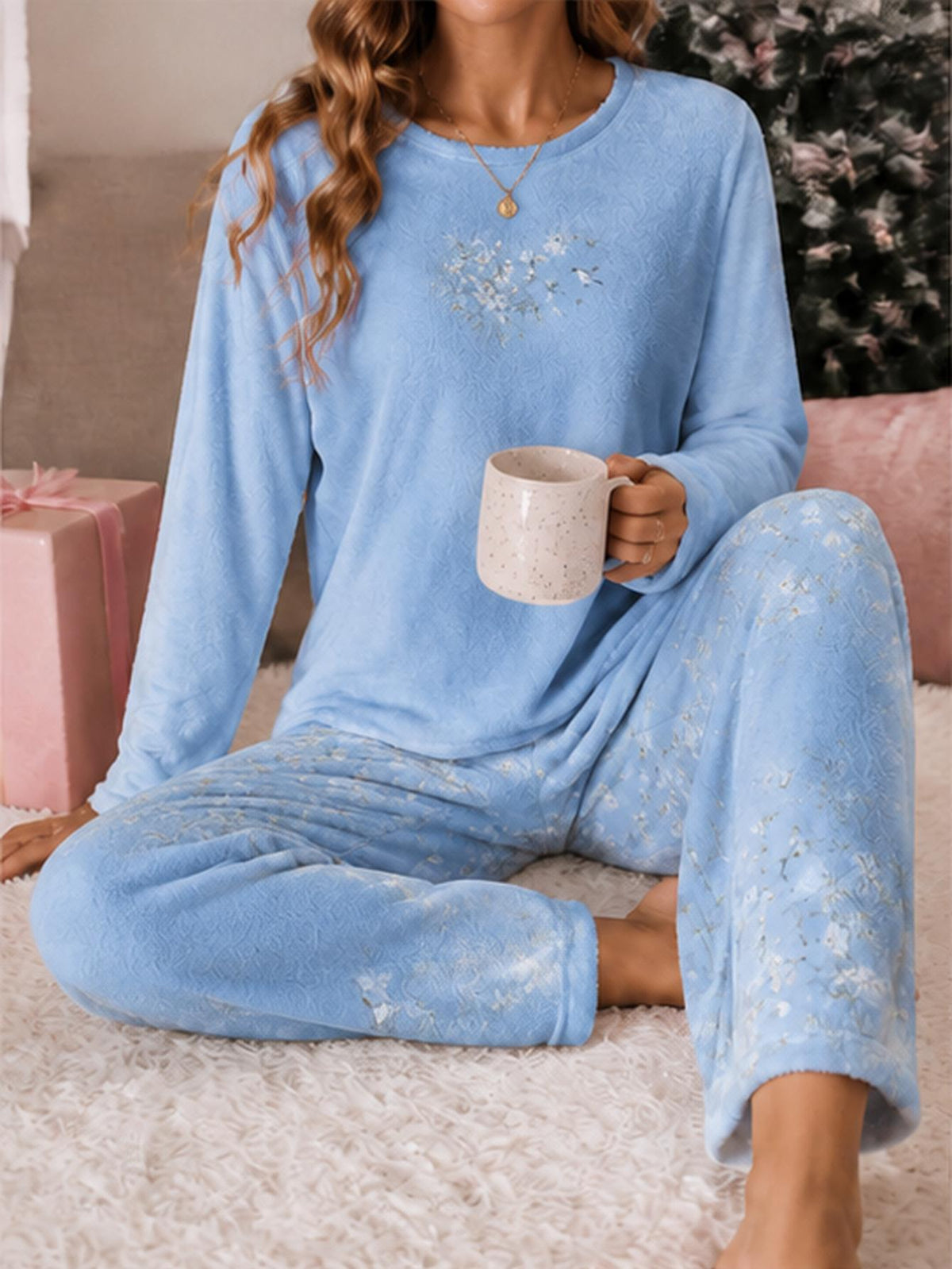Pyjama grande taille, col rond, allure vintage