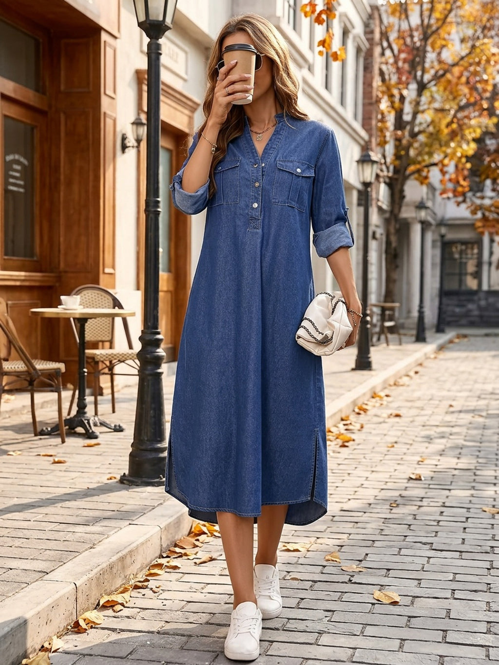 Robe grande taille, coupe ajustée, col V, tenue franche, porté de face
