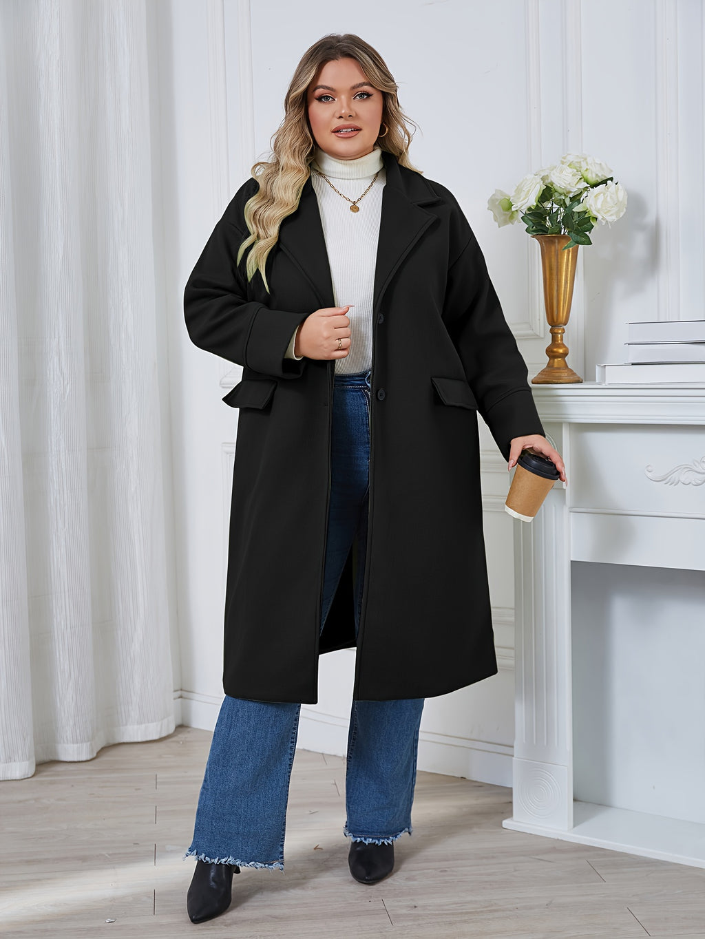 Manteau grande taille, coupe asymétrique, chaleur d'hiver, gros plan