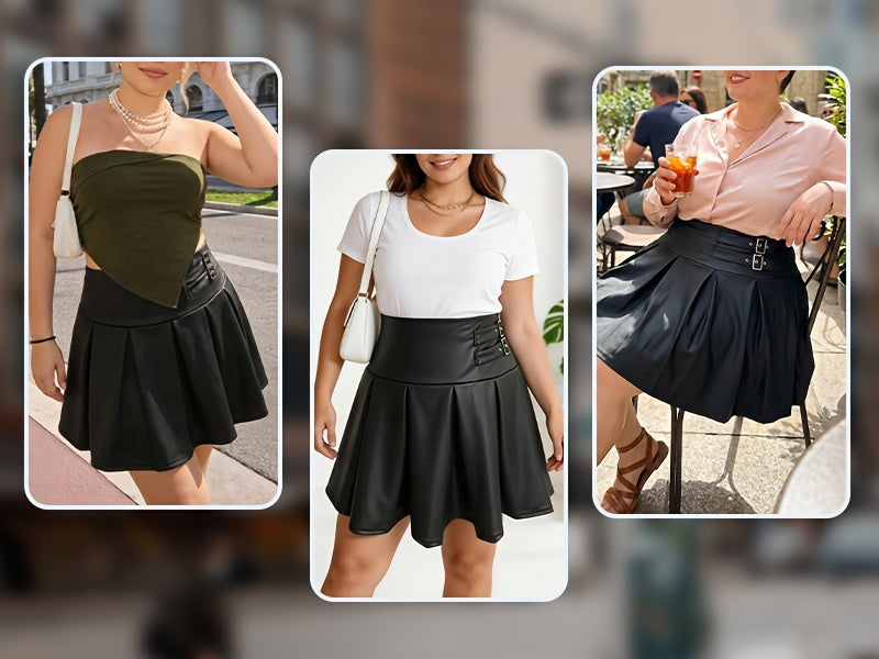 Jupe grande taille en cuir synthétique, coupe courte, plissés, allure cuir, vu de dos